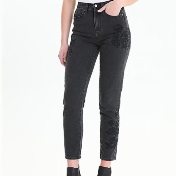 American Eagle Outfitters Denim - AE Embroidered Washed Black High Rise Mom Jeans